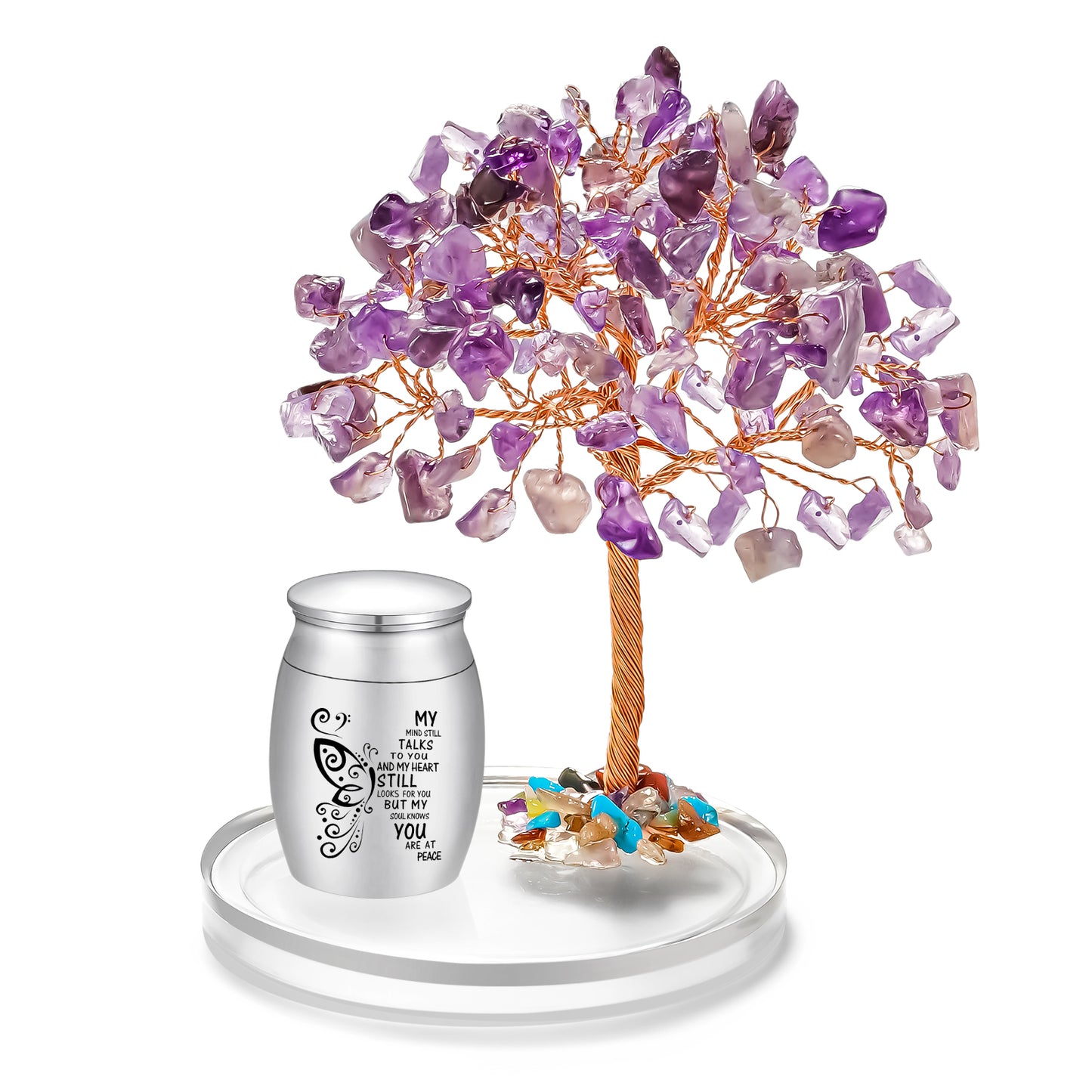Small Urns for Human Ashes Keepsake, Stainless Steel Mini Urn for Human Ashes with Amethyst Crystal Tree Butterfly Keepsake