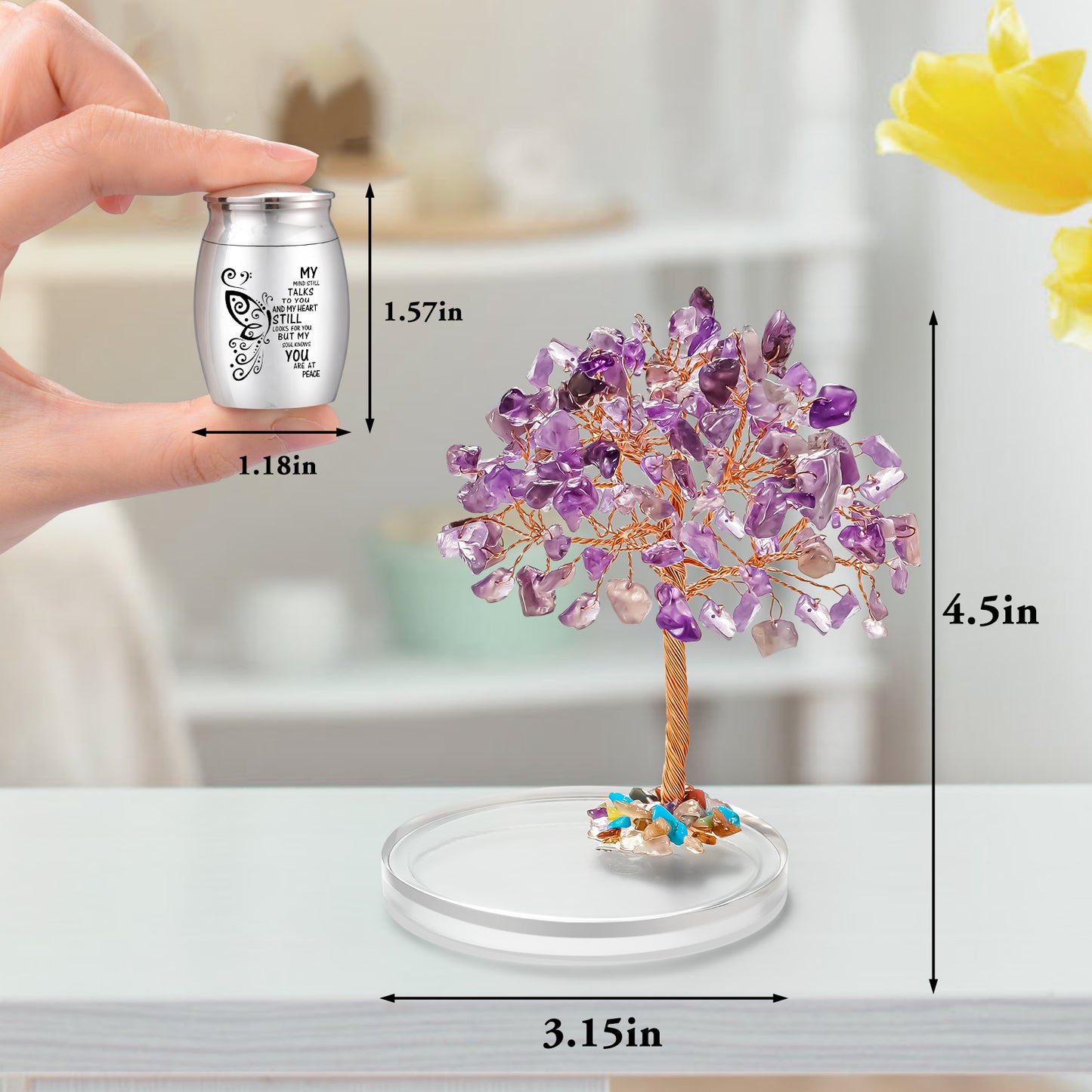 Small Urns for Human Ashes Keepsake, Stainless Steel Mini Urn for Human Ashes with Amethyst Crystal Tree Butterfly Keepsake