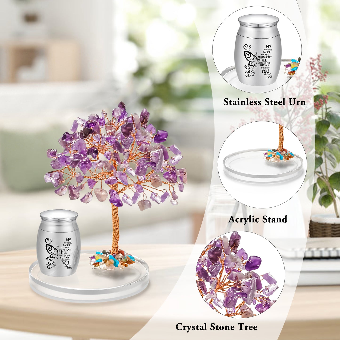 Small Urns for Human Ashes Keepsake, Stainless Steel Mini Urn for Human Ashes with Amethyst Crystal Tree Butterfly Keepsake