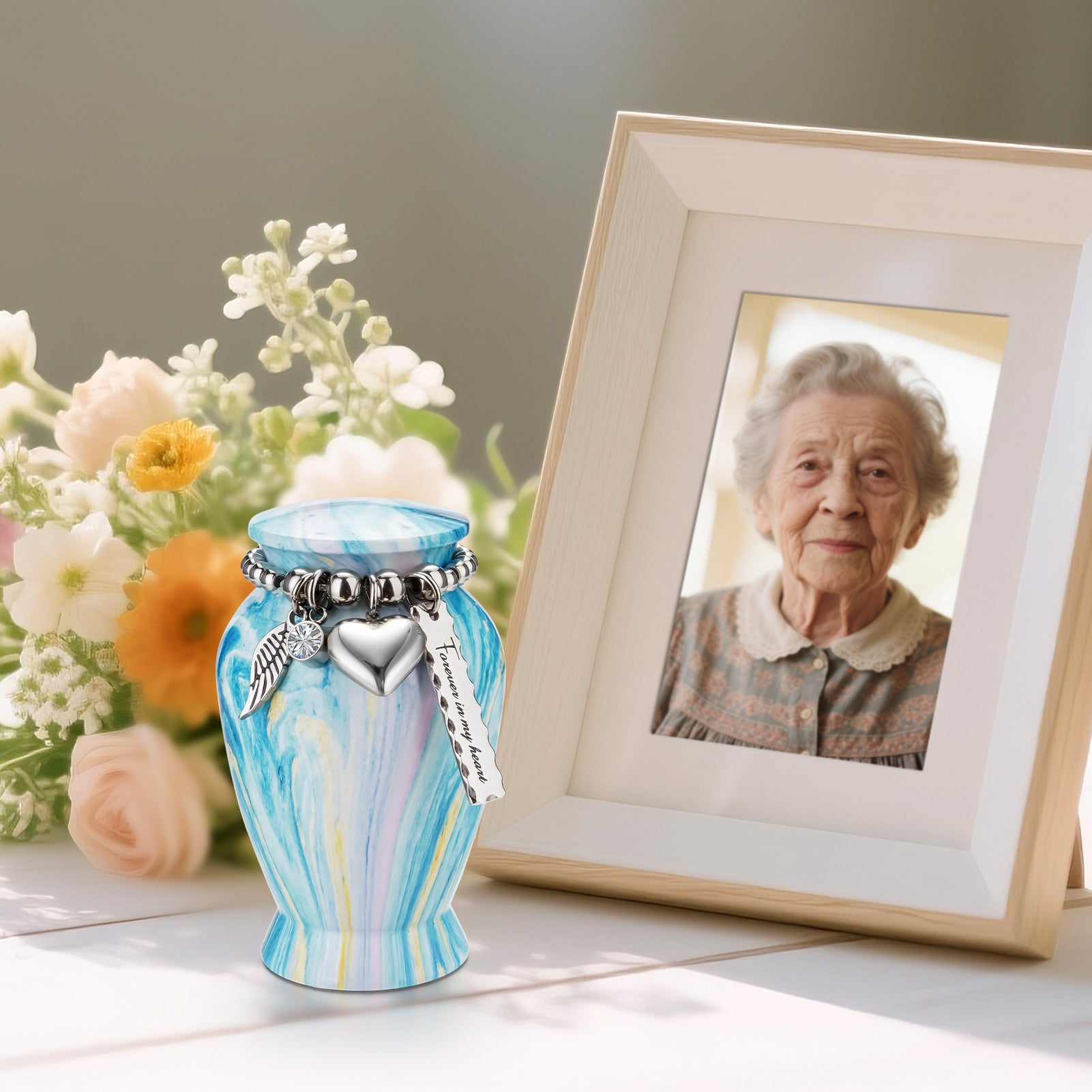 Small Urns for Human Ashes Keepsake, 2.83 Inches Urn for Women Men, Aluminum Cremation Urns for Human Ashes-Lake Green with Heart Urn