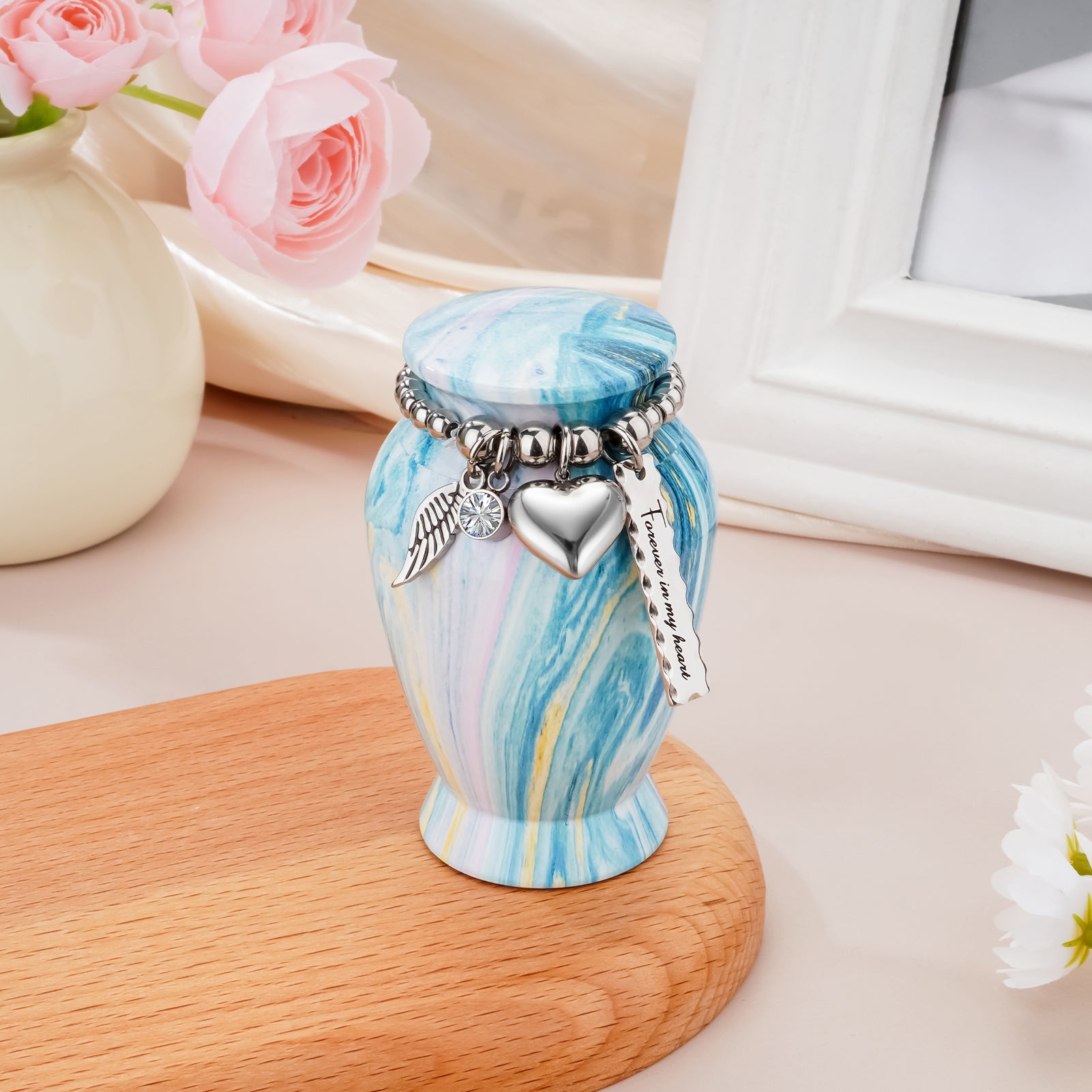 Small Urns for Human Ashes Keepsake, 2.83 Inches Urn for Women Men, Aluminum Cremation Urns for Human Ashes-Lake Green with Heart Urn