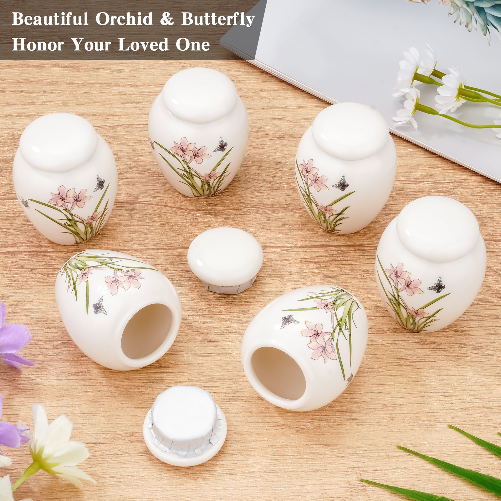 Small Urns for Human Ashes Set of 6 Ceramic Mini Urn for Human Ashes Daffodil Butterfly Urn Decorative Urns Memorial Keepsake Urn Cremation Funeral Holder