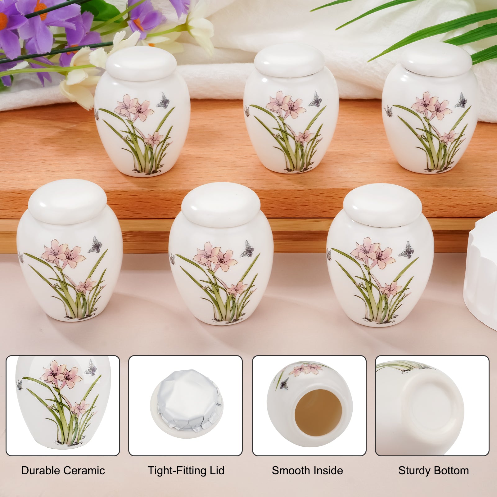 Small Urns for Human Ashes Set of 6 Ceramic Mini Urn for Human Ashes Daffodil Butterfly Urn Decorative Urns Memorial Keepsake Urn Cremation Funeral Holder